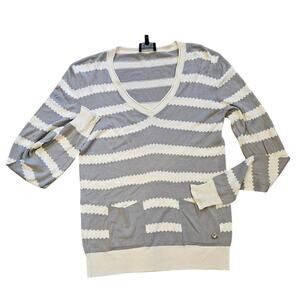 Emporio Armani Jeans Gray Cream Striped V-Neck Knit Long Sleeve sz 8 Minimalist